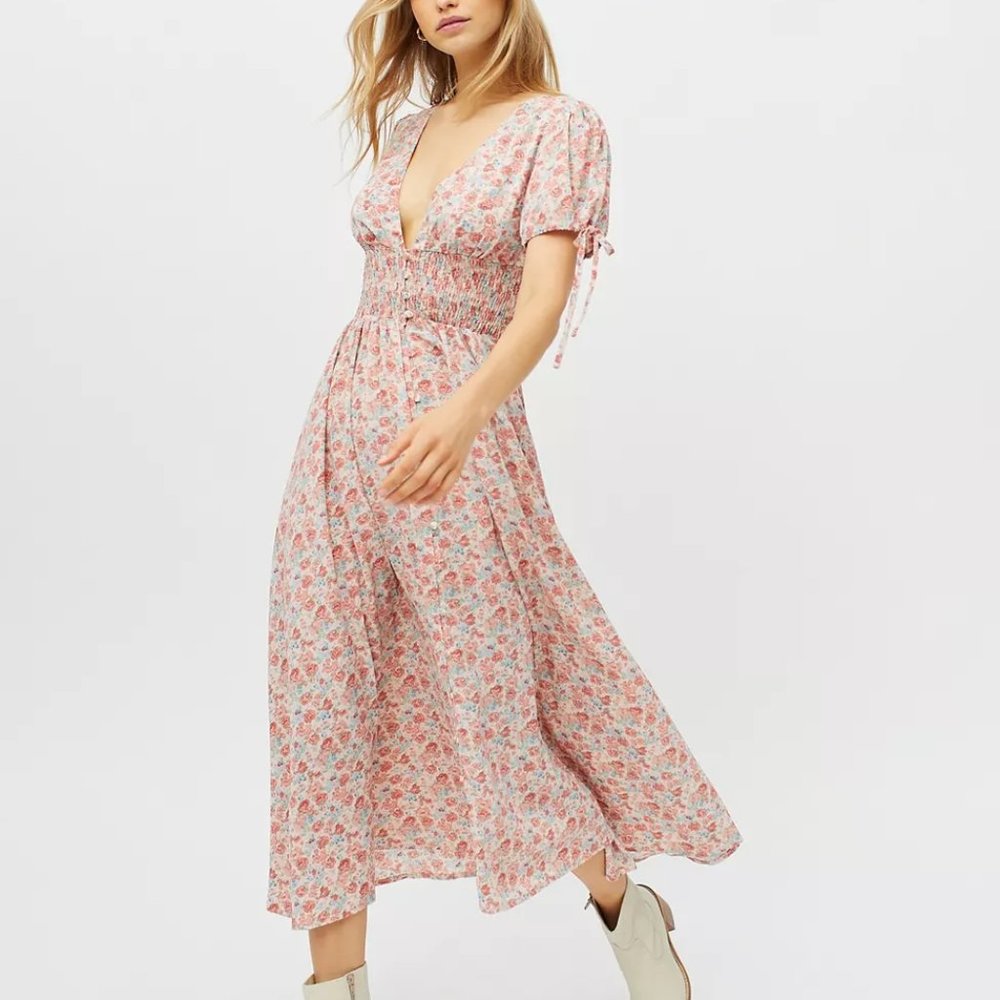 Urban Outfitters Kiss The Sky Floral V-Neck Midi Dress Pink Multi S